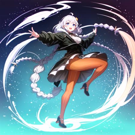 masterpiece, best quality, (1girl, solo),
kizuna akari, 1girl, solo, orange pantyhose, long hair, braid, blue eyes, pantyhose, open mouth, white hair, dress, hair ornament, ahoge, jacket, twin braids, breasts, shoes, striped, black jacket, star (symbol), very long hair, gradient, black footwear, long sleeves, ass, striped pantyhose, :d, legs up, blush, bangs, full body, looking at viewer, medium breasts, orange gloves, large breasts, vertical-striped pantyhose
 <lora:KizunaAkari:0.65>
((((( outdoors,full body, dynamic pose)))))