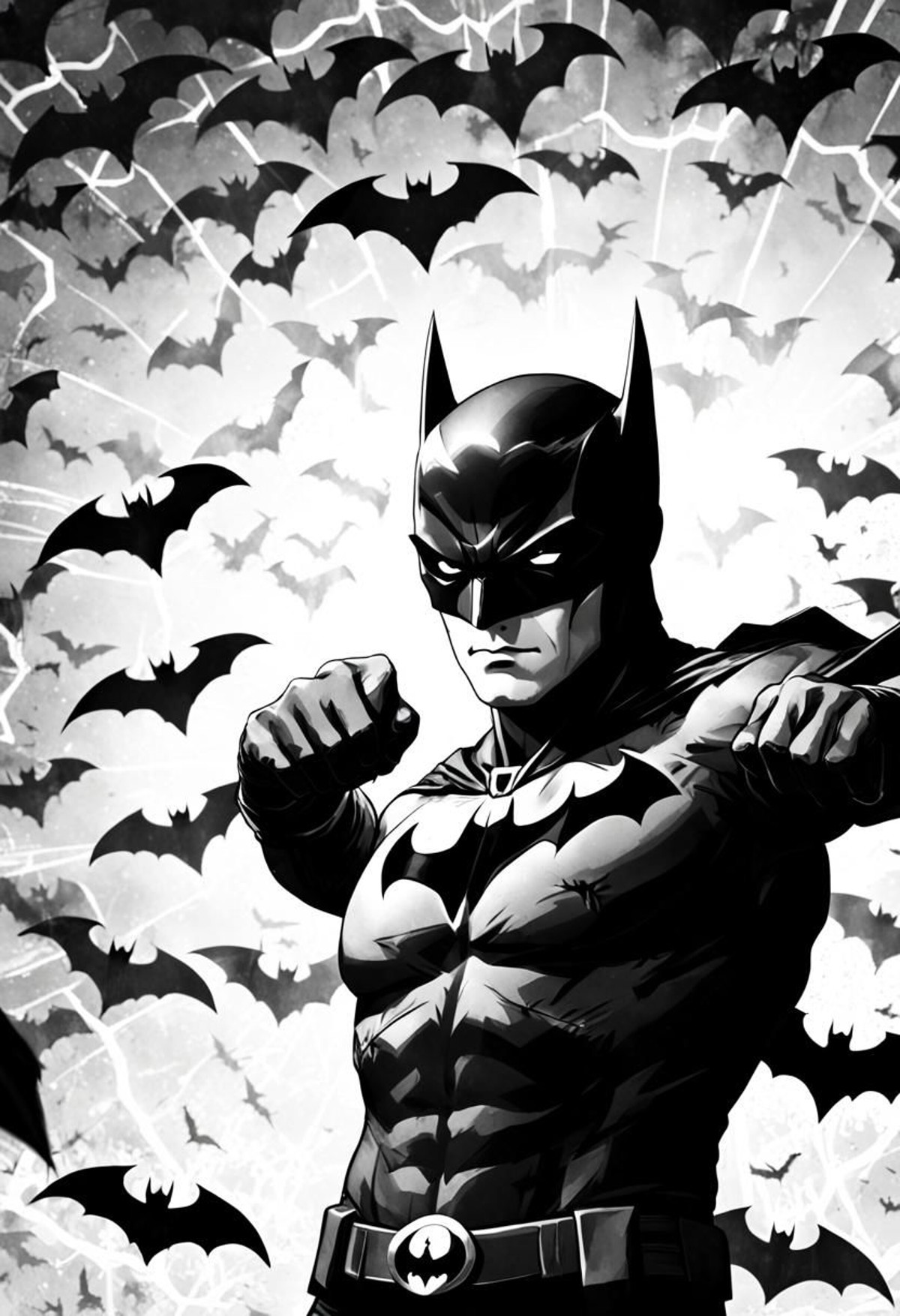 Super Closeup Portrait, monochrome, angry 1960s batmans Silhouette Seen through a Wall of bats in daylight, Bruce Lees ico...