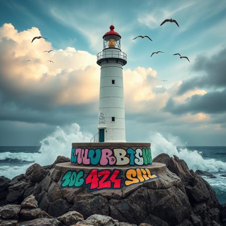 A picturesque lighthouse perched on a rocky coastline, its base covered in colorful graffiti. The artwork adds a modern twist to the historic structure. The background features crashing waves, a dramatic sky, and seabirds flying overhead, contrasting with the unexpected urban art.. 
[(contemporary street art:1.35) ::0.35], (Banksy and Pejac -inspired octane rendering with a dusty, simple touch), [Frank Cho and Kay Sage influence: artistic flair: 0.70], a contemporary street art piece inspired by Banksy's style rendered in octane, featuring a dusty and simple aesthetic, drawing artistic flair from the influences of Frank Cho and Kay Sage for a unique and captivating composition