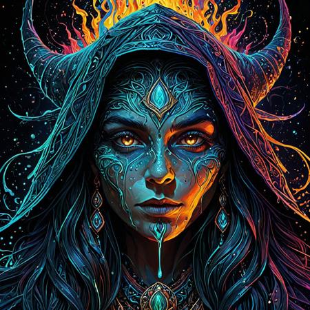 Finely detailed vector illustration. sorceress, contemplating, close-up of face, ultra realistic quality, interwoven pattern, dark gradient background, hyperdetailed, intricately detailed,  triadic colors,fantastical,intricate detail,splash screen,complementary colors, fantasy concept art, 8k resolution, masterpiece, oil painting, thick strokes, paint dripping, vapors, glow