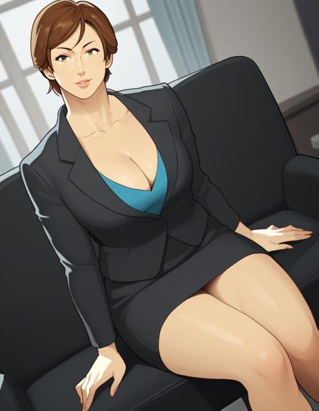 <lora:mitsuko-minami-manga-ponyxl-lora-nochekaiser:1>, mitsuko minami, large breasts, short hair, lips, skirt, brown hair, cleavage, brown eyes, pantyhose, uniform, lips, black skirt, uniform, blue uniform, breast pocket, simple epaulettes, cleavage, skirt, brown hair, brown eyes, jacket, thighs, miniskirt, formal, suit, office lady, skirt suit, black suit, black skirt, giantess, cleavage, yellow eyes, colored skin, grey skin, yellow sclera, jewelry, earrings, glowing eyes, tokusatsu, facial mark, no pupils, bodypaint, nude, bracer,  red bracer, tattoo,