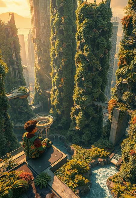 A futuristic eco-city covered in massive vertical gardens,where skyscrapers intertwine with lush greenery. A boy wearing a futuristic outfit adorned with nature-inspired patterns sits on a rooftop platform,overlooking aerial walkways and flowing water features surrounded by vegetation. The golden hues of sunset cast dynamic shadows,creating a harmonious yet mysterious atmosphere.,<lora:kcyberpunk-01:0.8>,kyberpunk,