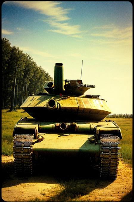 tank, 1tank. day light, full view, red lights., green plain., close view.
