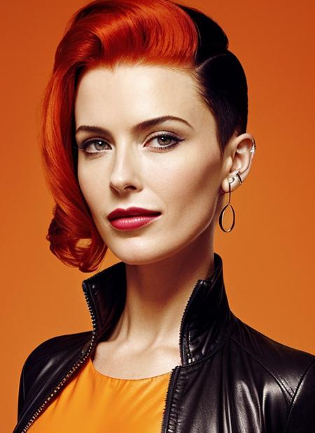 portrait of sks woman by Flora Borsi, style by Flora Borsi, bold, bright colours, orange Mohawk haircut, ((Flora Borsi)), <lora:locon_bridgetregan_v1_from_v1_64_32:1.25>