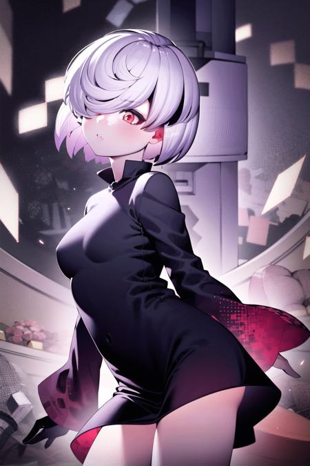 <lora:HamadaYoshikazuArtist-22:1>,1girl,solo,   <lora:SAGE:1> sageai, red eyes, white hair, short hair, hair over one eye, black dress,red glow , glitch, black dress,