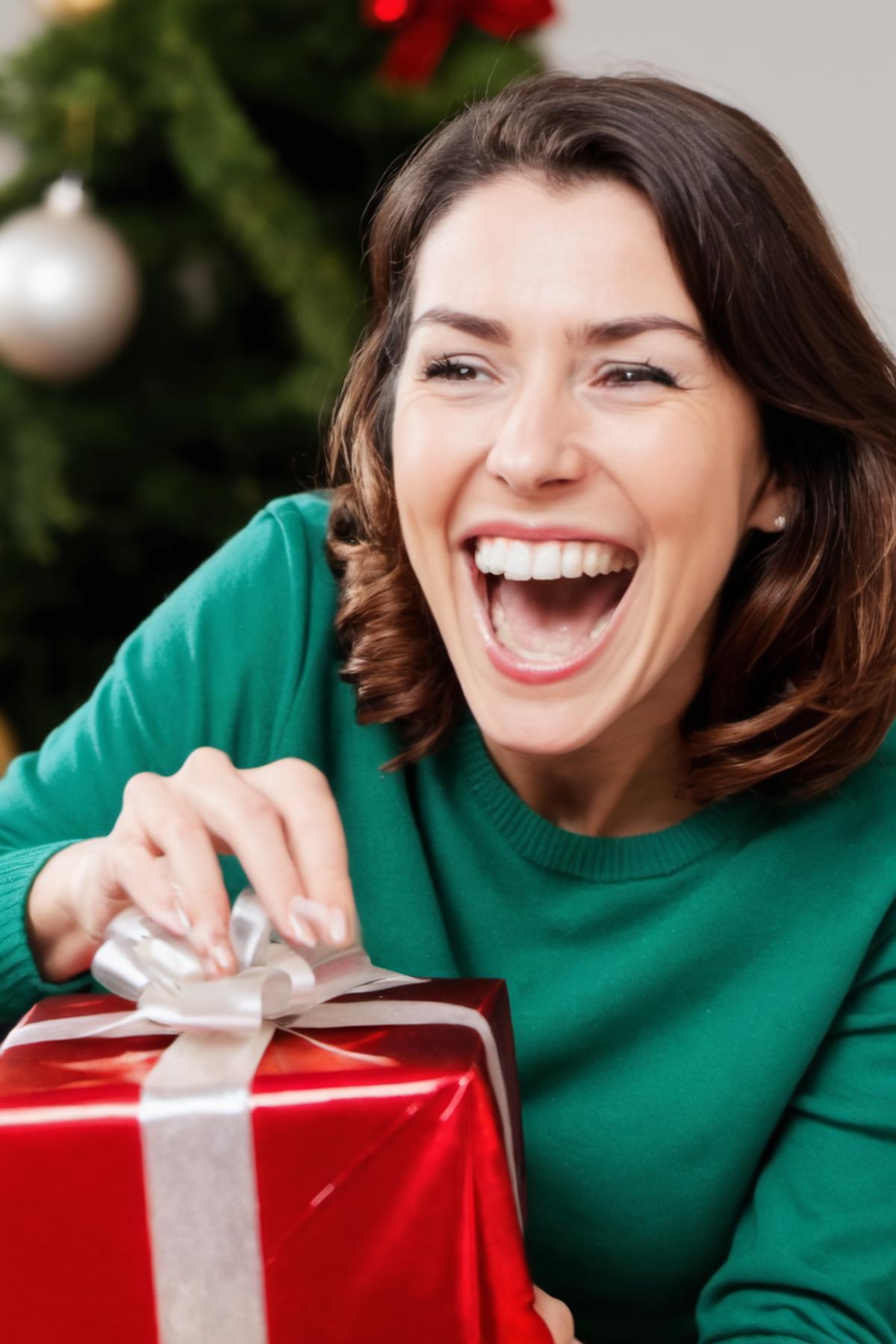 A photo of an excited woman opening a christmas present, big smile