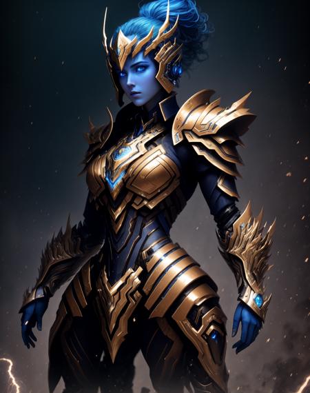 4K, Masterpiece, highres, absurdres,
edgThunderstruck, a woman with a blue and gold armor ,wearing edgThunderstruck_armor, electrified, weilding thunder
 <lora:edgThunderstruck:0.75>