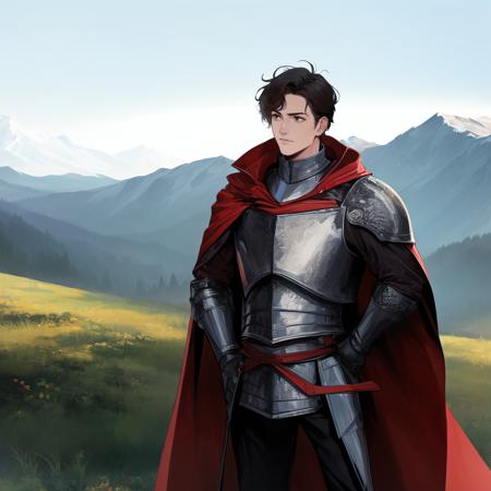 masterpiece, best quality, 1boy, knight, plate armor, determined, full plate, landscape, castle, hand on hip, cape, wind, cape blowing in wind, mountains, clothes blowing in wind