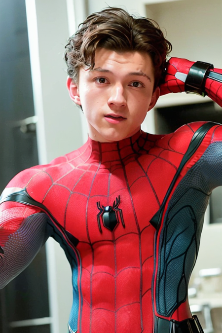 tom holland, muscular, white spiderman suit, armpit, biceps, abs, portrait, close up