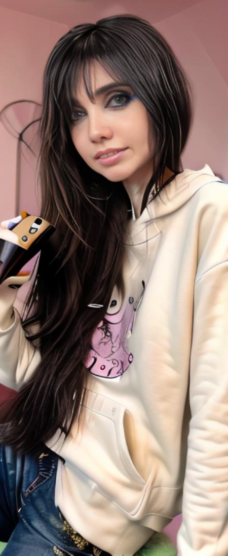 ( skinny :1.2), thin girl, with pastel sweatshirt, with black hair, <lora:EugeniaCooneyV4:1> emo style hair , black hair , drinking a coffee
