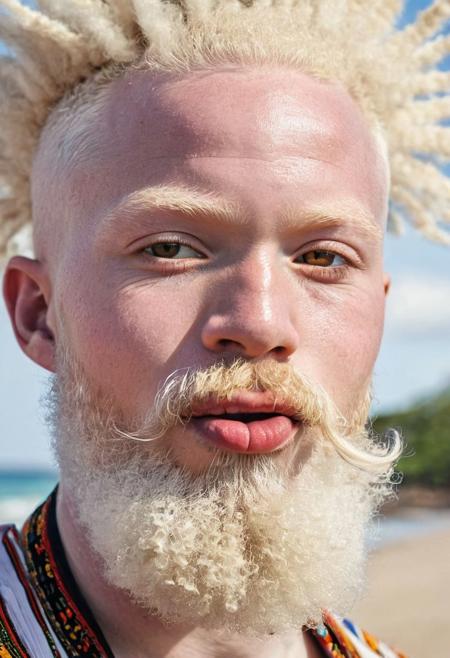 Crazy Beard Day, albino African man, with brown eyes, with crazy beard, weird and unusual beard style, traditional accessories or beard colors, funny face with tongue out, traditional Tanzanian clothes, portrait, hyper-realistic, action scene, comedy, on a beach from Tanzania, blurred background, [prompt created by Kico Toralles]