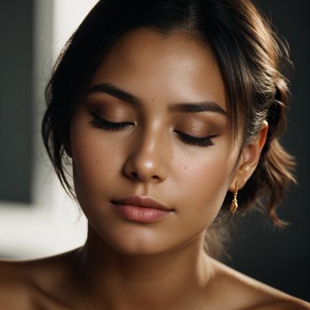 face closeup,closed eyes,beautiful woman,dark theme, detailed skin, empty background