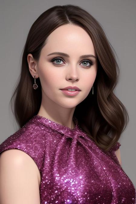 Picture, best quality, portrait photo of beautiful woman Koh_FelicityJones-4000, wearing extravagant glitter dress, fashion show, fashion event, looking at viewer, perfect face, perfect eyes, sharp focus, trending on ArtStation, trending on CGSociety, Intricate, High Detail, dramatic, photorealistic painting art by midjourney and greg rutkowski, high contrast, multicolor background with flare and sparks