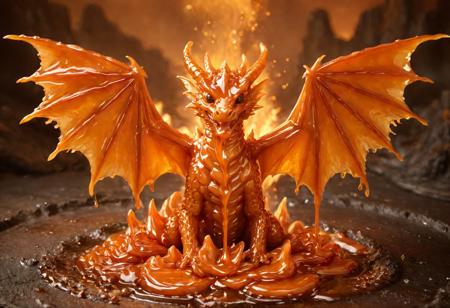 caramel, a dragon made from dripping caramel, wings spread wide, molten sugar veins glowing, fantasy fire and syrup clouds
,
masterpiece, best quality, high detail, cinematic lighting, vibrant colors, sharp focus, beautiful composition, symmetrical face, intricate detail, depth of field, clean background, dynamic pose, concept art, fantasy style