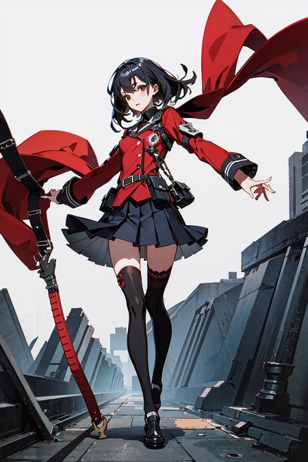 masterpiece,best quality,official art,extremely detailed CG unity 8k wallpaper,((white background)), 
1girl, black_hair, brown_eyes, floating_hair, full_body,  pleated_skirt, red_legwear, school_uniform, skirt, solo, standing,thighhighs,