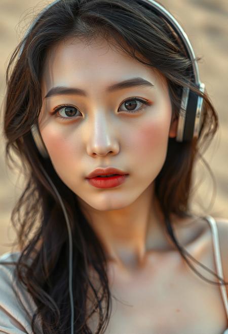 DSLR-style, glamorous and elegant 26-year-old Korean model, extremely milky white skin with porcelain glow, smooth and luminous, flawless soft matte finish with light reflecting quality, Korean idol skin tone, subtle gradient from center to jawline, extremely pale white skin, parted lips,
barely visible pores, uniform soft tone, studio-lit skin, full body, deep cleavage, extremely cleavage breasts.
A  captures a young individual with fair skin and subtle rosy cheeks, gazing directly at the viewer with a neutral yet engaging expression. Their dark, slightly wavy hair frames a face with delicate features, including a small, defined nose and full, natural lips. Soft, diffused lighting illuminates their face, highlighting the gentle curve of their jawline and the subtle texture of their skin. The individual has dark eyes with a hint of warmth in their tone. They are wearing headphones that rest over their ears,  The background is softly blurred, hinting at an outdoor setting with muted, earthy tones of beige and brown, possibly suggesting sand or a natural, sun-drenched environment. The overall mood is serene and contemplative, focusing on the subject's calm presence and direct gaze. The style evokes a feeling of natural beauty and quiet introspection. The lighting suggests either soft daylight or a carefully controlled studio setup mimicking natural light. The focus is sharp on the subject's face, with a shallow depth of field drawing attention to their features and expression.