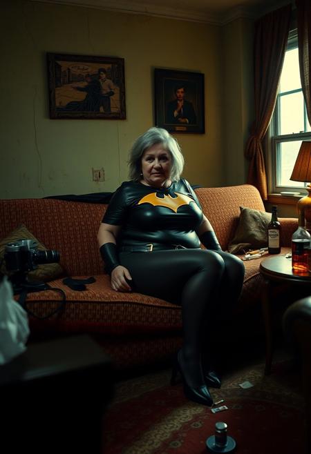 Realistic photograph of Batgirl in her late 60s. Hair is untidy and unwashed. overweight, sagging breasts. outfit is too tight, too short. heels. wrinkled face. smeared heavy makeup. Sat sad and drunk on a sofa in a rundown dirty motel room with poor light and no windows. film camera, cigarettes, and whisky bottles lie around the room. Low key lighting. Dark shadows. chubby, cellulite. Cinematic style cyan and orange.