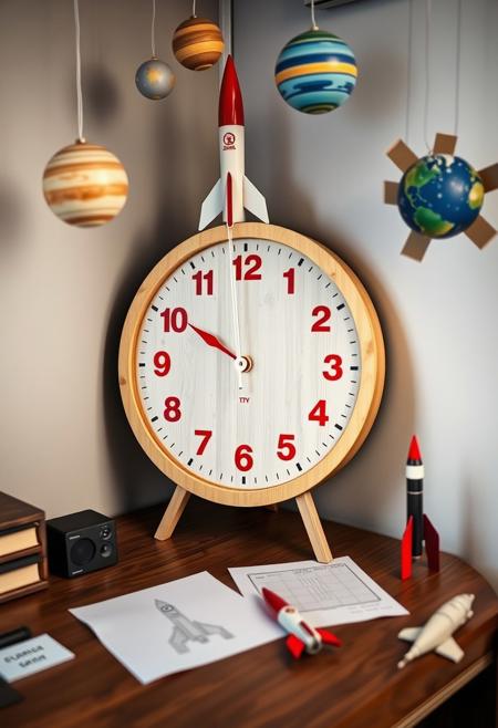 A large light round dial of a lacquered wood dial stands on a desk against the wall. Its thin arrows are made in the form of stylized white space rockets with red nozzles. The numbers on the dial are bright red. the atmosphere of the space theme. Mock-ups of planets and a mock-up of the first Soviet artificial satellite of the earth hang from strings. There are paper drawings of rockets on the table in front of the clock.
