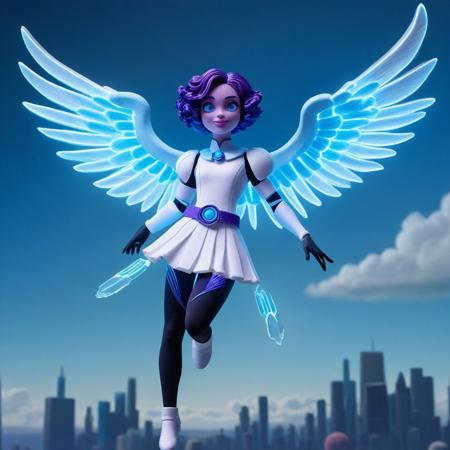 novuschroma51 style, claymation, a female character made of clay with a futuristic, fantasy-inspired design. The character has fair skin and short, purple hair adorned with a white flower. She has large, expressive blue eyes and a delicate, feminine face. She is dressed in a vibrant, white and purple outfit that includes a short, frilly dress with a white collar. The dress has a high slit, revealing her black thigh-high stockings and a glimpse of her upper thighs. Her attire is complemented by long, white gloves and matching white boots with blue accents. She wears a white belt with a purple gem at the center, adding to the futuristic aesthetic. The character is equipped with large, wings that have a glowing blue hue, giving her a celestial appearance. Her arms are outstretched, and she appears to be in mid-flight or leaping, suggesting motion and energy. The background is a futuristic city landscape.
