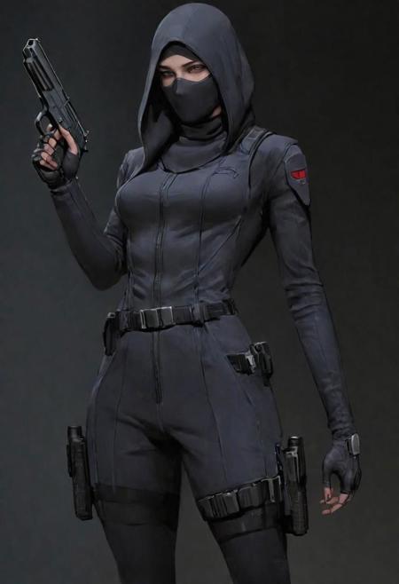 ASCIIcharacter concept art of a tall female assassin, skimpy clothing, holding a pistol by her side