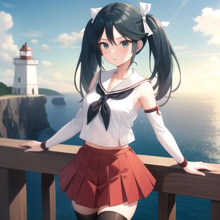 ((masterpiece)),(best quality),official art,extremely detailed CG,unity 8k wallpaper,ultra detailed,A lighthouse on a cliff by the sea,1girl,solo,cowboy shot,twintails,long_hair,detached_sleeves,zettai_ryouiki,white_thighhighs,school_uniform,blue_hair,serafuku,red_skirt,hair_ribbon,neckerchief,medium_breasts,pleated_skirt,sailor_collar,hair_bow,<lora:Isuzu(kan)>,