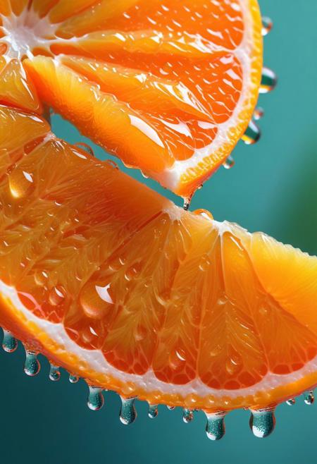 A captivating close-up photograph of a succulent orange slice, showcasing the beauty of the fruit's juicy segments and the allure of its glistening water droplets. The image captures the essence of the orange in stunning detail, highlighting its vibrant colors and mouthwatering texture. The photograph invites viewers to appreciate the simple beauty of the orange and the artistry of macro photography, with an award-winning composition that perfectly frames the fruit against a soft and dreamy background. This ultra-realistic 4K image captures every detail of the orange's intricate surface and delicate water droplets, creating a captivating and immersive visual experience.