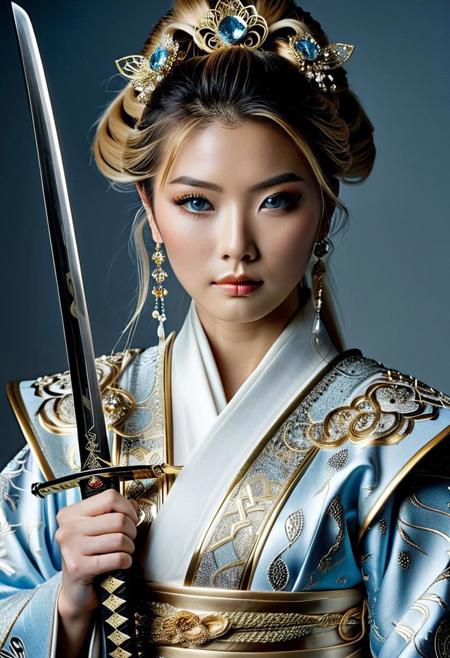 score_9, score_8_up, score_7_up,
Realistic close-up of a 20 year old woman Asian, who is the focal point. Her striking features include white painted kin, exceptionally bright, almost luminous icy-blue eyes, and long, flowing platinum blonde hair styled in an elegant updo. Her hair is accented with an elaborate jeweled hairpiece, a delicate and ornate arrangement of gold and various sparkling stones, predominately in shades of white and light blue. She also wears elegant, dangling earrings that complement the hairpiece. Her clothing is equally opulent, a light, almost white, garment with intricate detailing.
The woman grips a katana (a Japanese sword) with both hands, holding it across her body, partially obscuring her face. The sword's hilt is extravagantly decorated with a similarly lavish design as her jewelry and clothing, featuring intricate gold metalwork and numerous embedded jewels that shimmer and catch the light. The blade itself is long and gleaming, reflecting a subtle light.
The lighting in the picture is dramatic and seemingly ethereal, creating a soft glow around the woman, emphasizing her striking eyes and the details of her clothing and the sword. The color palette consists mostly of cool tones, with the icy blue of her eyes and the silvery-white of her clothing highlighting the use of gold and sparkling accents, creating a visually striking contrast.
Samurai , cinematic, ninja, samurai
(real photograph:2.0), fflix-geisha