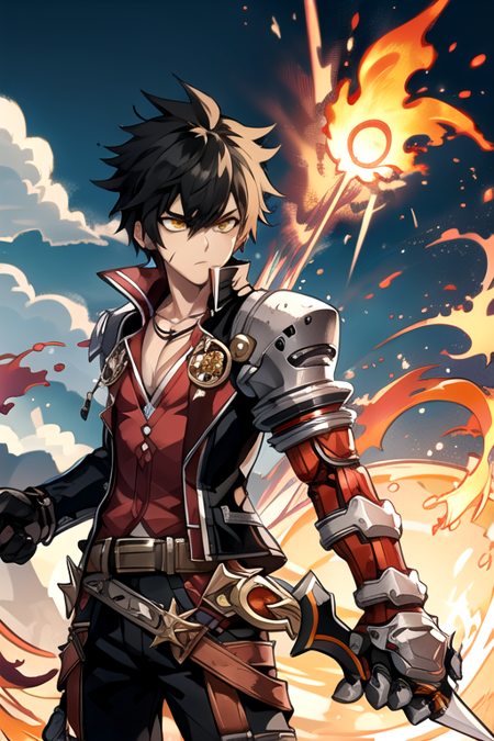 <lora:RavenV2-10:0.7> , ravenc, solo, shirt, black hair, gloves, 1boy, jewelry, jacket. black hair, yellow eyes, weapon, white hair, male focus, belt, pants, sword, necklace, black pants, fire, spiked hair, claws, mechanical arms, single mechanical arm, cloud, sky, day