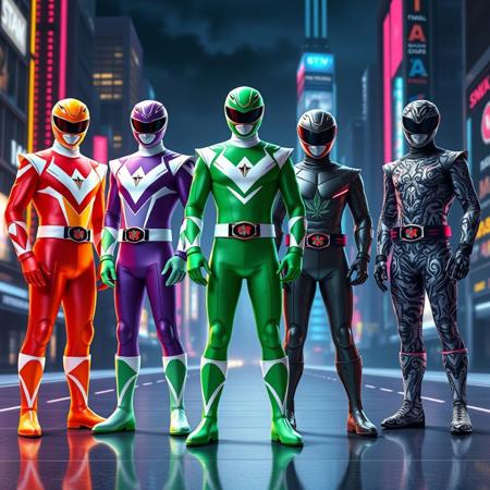 Five futuristic heroes in Power Ranger-style suits, each themed after a different psychoactive substance. One in neon colors with sharp angles represents stimulants. Another in soft purples with flowing patterns symbolizes psychedelics. A relaxed hero in greens reflects cannabis with organic textures. The fourth, in dark metallic shades, represents depressants with a heavy design. The last, in chaotic patterns, symbolizes hallucinogens. They stand confidently in a neon-lit futuristic city with a dark sky