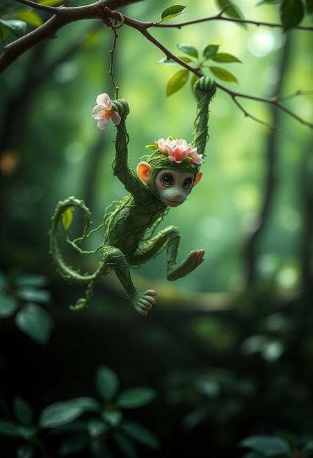 "In the emerald heart of the forest, a tiny, vine-woven monkey swung from a gossamer thread of spider silk, its body a tapestry of leaves and tendrils, intricately woven by the forest's own verdant hands. Delicate, jade-green shoots formed its limbs, while a crown of cherry blossoms burst from its forehead, casting a soft, pink glow across the dappled underbrush. Its eyes, two bright, shining dewdrops, sparkled with mischief as it leapt from branch to branch, its leafy tail streaming behind like a verdant banner, as if the forest itself had come to life in this tiny, mischievous sprite." highest-Quality, intricate details, visually stunning, Masterpiece