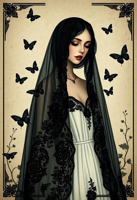 elegant woman, black veil, ivory gown, black lace, gothic romance, melancholic mood, dark butterflies, soft textured background, botanical motifs, dreamlike atmosphere, serene expression, poetic composition, introspective mood, fantasy portrait, romantic gothic style, screen print illustration, detailed linework, art nouveau influence, cinematic composition, dramatic lighting, graphic realism, bold color gradients, ornamental design, vintage poster style, symmetrical layouts, stylized anatomy, fine shading, expressive poses, high contrast visuals, narrative symbolism
