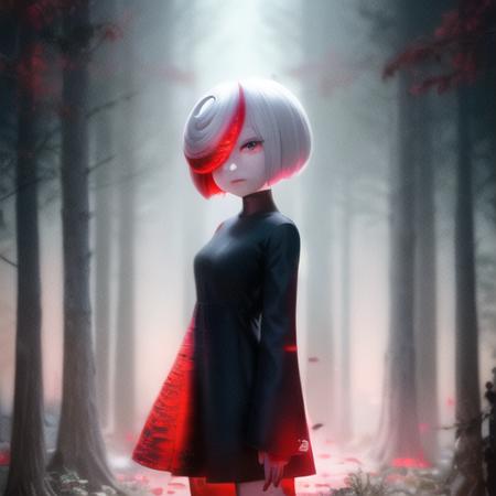 1girl, sageai, red eyes, short hair, hair over one eye, white hair, red hair, multicolored hair, black dress, forest <lora:sageai-av3:1>