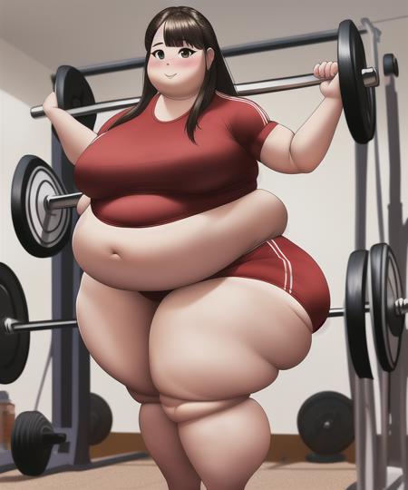 art by better with salt, (masterpiece), highest quality, 1girl, obese, thick thighs, hyper belly, wide hips, female only, tight clothes, gym clothes