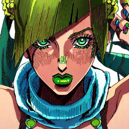 StoneOcean, 1girl, lime green eyes, brown hair, solo, green lipstick, middle length hair,