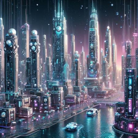Pearlum,
8k, score_9, score_8_up, score_7_up,
masterpiece,realistic,ultra detailed, vibrant colors,photo-realistic,
A cyberpunk cityscape with iridescent pearl-like skyscrapers, glowing neon lights in blue, pink, and purple, holographic billboards, floating drones with pearl sheen, reflective water surfaces, intricate cybernetic details, futuristic and elegant, ultra-detailed, cinematic lighting, pearlescent textures, vibrant, dystopian yet luxurious atmosphere