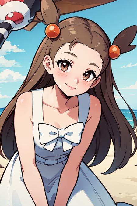 zzMikan, brown hair, long hair, two side up, hair ornament, brown eyes, bow, hair bobbles, white dress