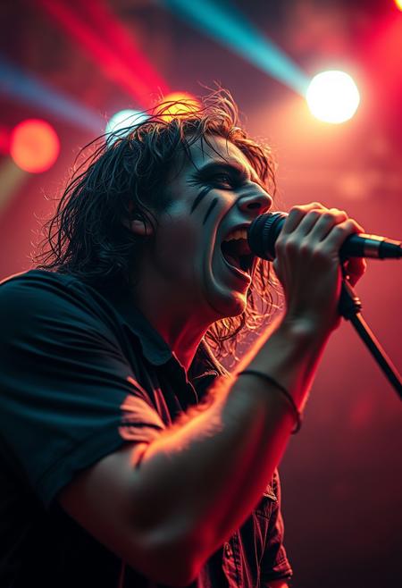 close up shot of a 90's dark punk rock front man screaming his song in the Mikrophon. Tens Muskels and veins on his arms and neck from the intense show. the shot is timed perfectly and the lights are spot on. Giving the scene a dramatic side rim lighting and a face in half shadow. Soft smoke from the smoke machines on the top of the tent is dramatically illuminated from the light show with red, green and blue lasers and strong warm spotlights. His shirt is wet from his sweat and his wet long curly hair sticks to his head and face. his make-up is painting a pure white face with pitch black lines around his completely black eyes and black lips. 
Shot with a full-frame DSLR, 85mm lens at f/1.8 for shallow depth of field, ISO 400, 1/100 shutter speed. Cold dimm light enhanced with slight post-processing contrast boost and neutral tone grading. balancing sci-fi horror with dark fantasy. dark gothic warhammer30k theme