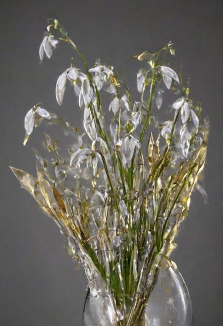 fforest snowdrops made of gold and silver, in a crystal vase. Installation in Faberge style.  Super extremal close-up, photorealism natural lighting lens 300 mm. bokeh , Photo for Sotheby's auction
