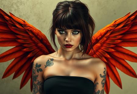 “A hauntingly beautiful fallen angel depicted as a real young woman with striking photorealism, set against a textured sepia background. She has piercing blue eyes that gaze intensely at the viewer, framed by soft burgundy hair with delicate bangs and dark, smoldering eyeshadow. Her deep crimson lips add contrast to her ethereal features, and she wears a modern crop-top for an urban, edgy look. Her skin is adorned with intricate tattoos covering her arms, neck, and shoulders, adding depth and complexity. Behind her, magnificent orange-feathered wings spread wide, each feather meticulously detailed with realistic ink work. Dramatic, directional lighting casts deep shadows, emphasizing her powerful presence. The background is a soft pastel green, adding a subtle contrast to her dark and intricate form.”