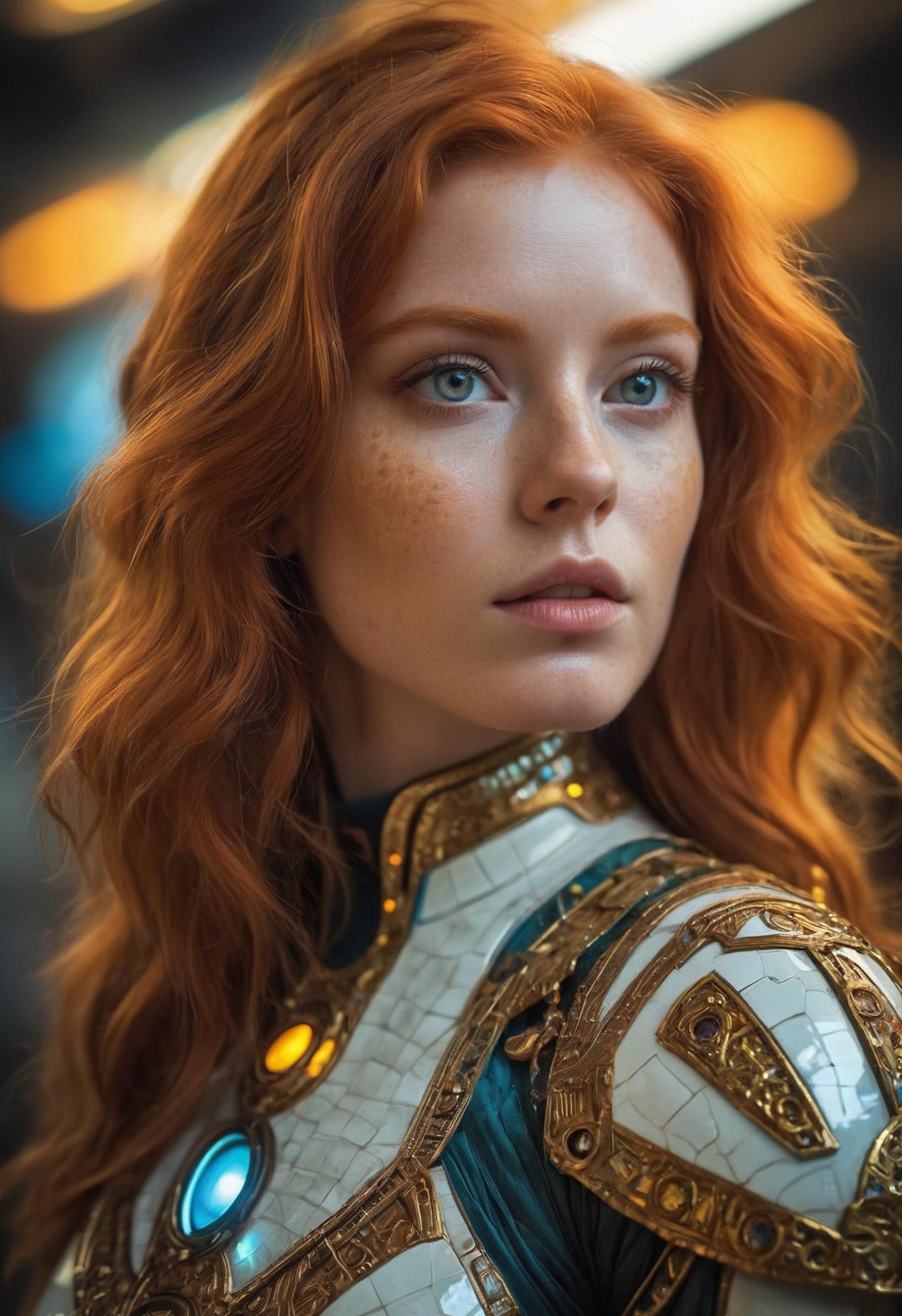 A gorgeous young woman with red hair, wearing a white and gold outfit, looking straight ahead.