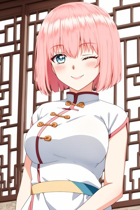 rishe, mature_female, 1girl, solo, looking_at_viewer, blush, smile, short_hair, bangs, blue_eyes, dress, hair_between_eyes, closed_mouth, upper_body, pink_hair, indoors, white_dress, chinese_clothes, bob_cut, china_dress