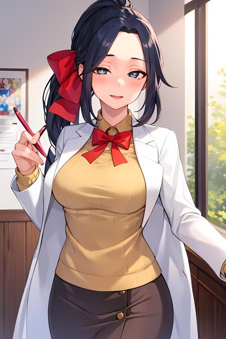 masterpiece, (best quality), 1woman,1girl , marismt, dark blue hair, dark blue brown eyes,ribbon, ponytail, bow, white labcoat, pencil skirt, yellow sweater,  (mature) female,   large breasts, sexy woman,   happy,  adult,  divine ,elegant, vibrant colors ,natural lighting  ,RTX,  beautiful, (detailed face:1.2), showcase, (perfect eyes:1.1) , (perfect pupils),  8k uhd,  looking at viewer,  indoors,  simple backround,