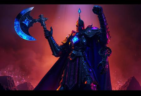 "Create a highly detailed, hyperrealistic image of a Dark Flare Knight named Grarl, inspired by Michał Karcz and the Warhammer art style. The knight should be holding a Gravity Axe, with a blue diamond embedded in it, and a shortsword at the waist. The scene should be lit with blue and purple lighting, and feature a holy light shining down. The knight should have one fist raised in triumph, standing above the black depths. Apply the principles of the golden ratio and incorporate a reincarnated as a slime theme. Render in a 3D program such as Maya or Blender, aiming for a final render that captures the essence of the prompt and could be featured on ArtStation or Behance."