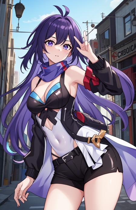 ((masterpiece)), (best quality:1.7), (detailed:1.4), (high res:1.4), 8k, (colorful:1.5), 2d, high resolution, sharped image, 4k, hd, seele(honkai star), 1girl, (((solo))), purple hair, purple eyes, long hair, croptop, looking at viewer, shorts, thights, high heels, bare stomach, medium breasts, bare stomach, curvy body, city, street, antenna hair, bare legs, cowboy shot, body on all frame, cleavage, v symbol, peace symbol, ((dress)), navel, white leotard, belt, mole, ((open clothes)), scarf, thigs, embarrased, <lora:seele_honkai:0.6>, <lora:thickerLinesanimeStyle:0.3>