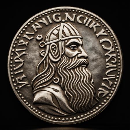 a c01n with an viking man over black background