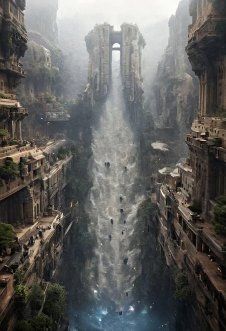 POV view , DOF,
(Ancient civilization, Alien Prometheus movie scene, dune movie scene:1.5), (The colonial city of the future, in the mist-filled Grand Canyon, on an unknown Earth-like planet, 2 moon on sky, Spaceship flight connects colonies, waterfulls:1.3), (Machu Picchu, a mountain settlement, incredibly spectacular:1.2), (Mario Botta:1.3), (avant-garde, future, reality, science fiction, photorealistic), (modern architecture:1.2), White limestone with black granite, fountain, waterfall, landmark, square, path, narrow street,
(Large Files, Ultra Realistic, 8K, 16k, FHD, HD, VFX, Perfect, Photography, composition, Architecture Sales Photography, Architecture Competition, Ultra High Resolution, Cinematography, High Resolution Image:1.1), (dramatic lighting, direct sunlight, ray tracing, clear shadow:1.2),  (real landscape:1.1), (blurred background:1.0), (urban background, more_details) ,
great lighting, clear, hillscastel, <stardeaf-cold-arc>, xtower, industrialbuilding