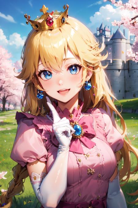 Peach_SMP,  best quality, (masterpiece:1.5), (ultra-detailed), (high quality:1.3), (high resolution), , 1girl, blonde hair, blue eyes, bowtie, braid, braids, crown, dress, elbow gloves, gloves, grey eyes, heart, jewelry, long hair, looking at viewer, open mouth, peachette, pink bow, pink dress, puffy short sleeves, puffy sleeves, smile, solo, striped, super crown, twin braids, white gloves, glossy lips, castle, clouds, grass, cherry blossoms, glossy skin, oily skin, beautiful light, choker, detailled eyes, <lora:EMS-48450-EMS:0.800000>