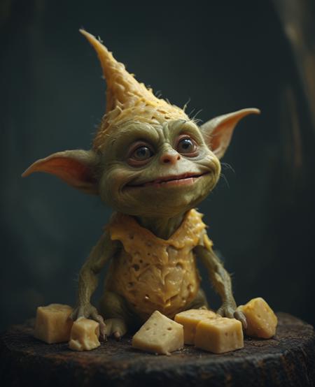A portrait digital painting picture of a goblin made entirely of cheese, cheese style <lora:Cheese_Style:0.65>, in a dark gothic and mystic setting, funny, cute, absurd, crazy, masterpiece, absurdres, vibrant, dynamic angle, dynamic pose, natural light, bokeh, depth of field, highly detailed, scenery, no humans, dark gothic, dark fantasy, gothic, mobe-godeen <lora:GothicDetailEnhancerV1:0.45>, <lora:MJ52:0.65>,