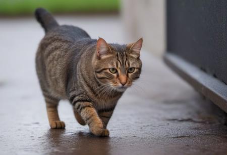 high resolution, a beautiful cat walking toward the owner, with a Mouse in a trap, in the mouth. Mouse, trap, mouth. the rain falling outside, animal portrait, side view, soft silky fur