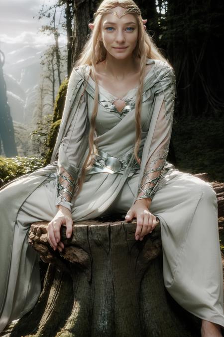 full body ultra-wide angle Photograph  of galadriel, long hair, blonde hair, elf, pointy ears, blue eyes, ((white dress)), realistic, tiara, <lora:GaladrielV2:1>, ((super detailed eyes)), accurate face, detailed skin, (Happy), ((seductive smile)), (looking at viewer), masterpiece, best quality, super detailed, hyperrealistic, realistic, photorealistic, high resolution, super-resolution, ((8K, Canon EOS R5 C Mirrorless Cinema Camera, RF 24-70mm f/2.8 Lens, HDR, UHD)), ultra-detailed, delicate details, high detail, bright lighting, daylight, Award-winning photography, ((((sitting on small tree stump)))), ((((Lothlórien forest, elven tree houses, Lord of the Rings))))